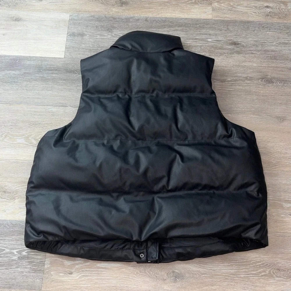 A New Day Black Faux Leather Puffer Vest XXL Quilted Zip Front Snap Closure New